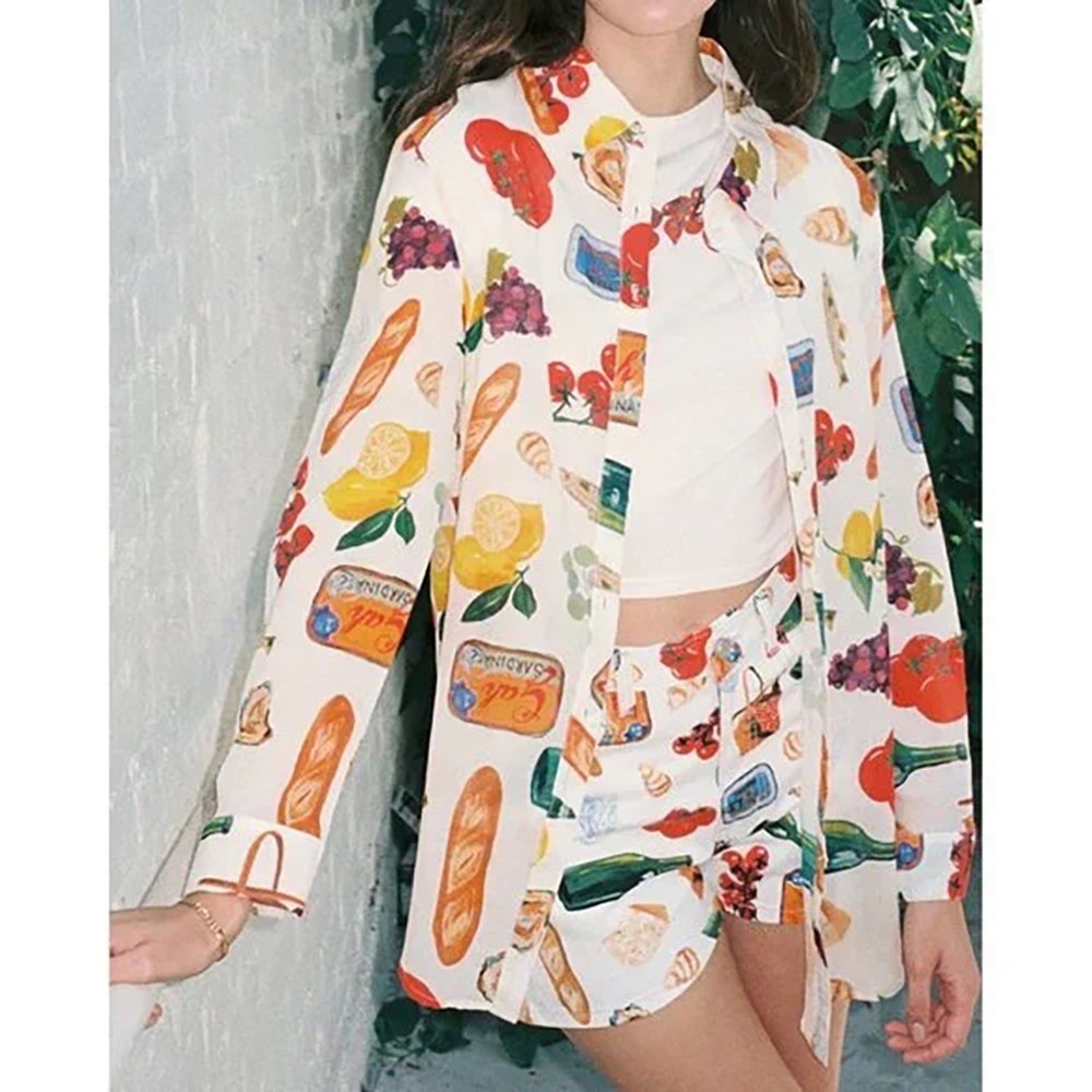 NWT Lisa Says Gah Tessa Food Print Button Down Shirt Top Italian Summer Ivory L